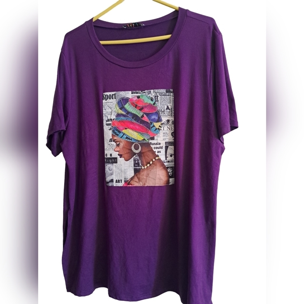 LOVE J bedazzled studded pearls Artsy short sleeve Top bohemian color purple 1X